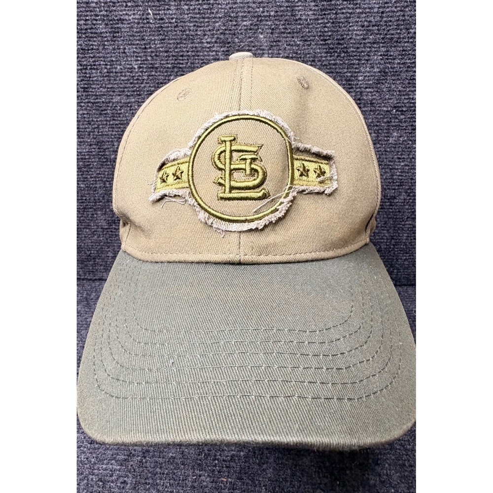St Louis Cardinal MLB Army Baseball Hat Tan Olive Green Distressed Strapback Cap - Picture 2 of 5